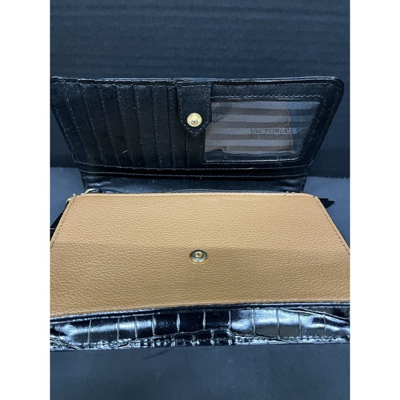 Victoria's Secret Black Croc Wallet Clutch Wristlet Gold Chain Tan Interior - Picture 5 of 10